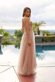 MESH A-LINE PEAKED NECKLINE SEQUIN EMBELLISHMENTS THIGH SLIT - Image 3