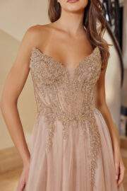 MESH A-LINE PEAKED NECKLINE SEQUIN EMBELLISHMENTS THIGH SLIT - Image 4