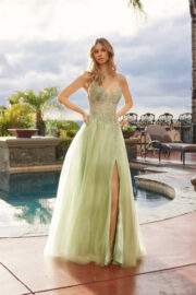 MESH A-LINE PEAKED NECKLINE SEQUIN EMBELLISHMENTS THIGH SLIT - Image 2