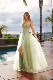 MESH A-LINE PEAKED NECKLINE SEQUIN EMBELLISHMENTS THIGH SLIT - Image 10