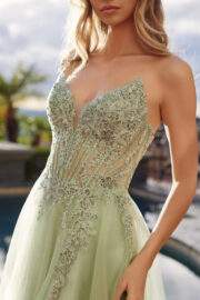 MESH A-LINE PEAKED NECKLINE SEQUIN EMBELLISHMENTS THIGH SLIT - Image 9