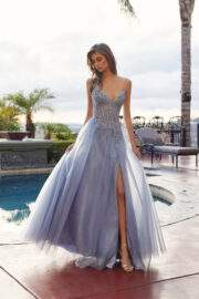 MESH A-LINE PEAKED NECKLINE SEQUIN EMBELLISHMENTS THIGH SLIT - Image 7