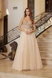 FIT AND FLARE LONG TULLE GOWN WITH PLUNGING V NECKLINE - Image 12