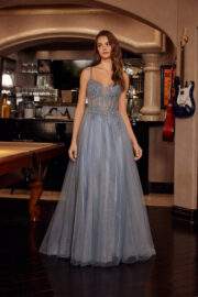 FIT AND FLARE LONG TULLE GOWN WITH PLUNGING V NECKLINE - Image 6