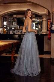 FIT AND FLARE LONG TULLE GOWN WITH PLUNGING V NECKLINE - Image 5