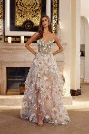 LONG ORGANZA BALL GOWN WITH FULL FLOWER APPLIQUE V BUSTLINE - Image 13