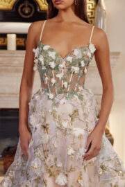 LONG ORGANZA BALL GOWN WITH FULL FLOWER APPLIQUE V BUSTLINE - Image 11
