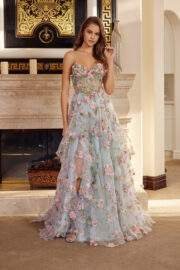 LONG ORGANZA BALL GOWN WITH FULL FLOWER APPLIQUE V BUSTLINE - Image 5