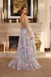 LONG ORGANZA BALL GOWN WITH FULL FLOWER APPLIQUE V BUSTLINE - Image 2