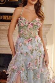 LONG ORGANZA BALL GOWN WITH FULL FLOWER APPLIQUE V BUSTLINE - Image 4