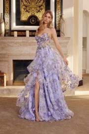 LONG ORGANZA BALL GOWN WITH FULL FLOWER APPLIQUE V BUSTLINE - Image 9