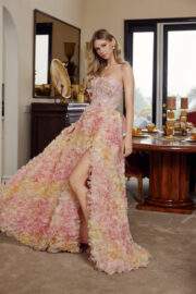 LONG TULLE BALL GOWN WITH FULL FLOWER APPLIQUE TIE BACK - Image 3