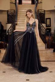 LONG TULLE FIT AND FLARE GOWN WITH PLUNGING V NECKLINE - Image 5