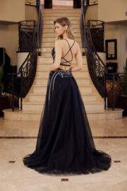 LONG TULLE FIT AND FLARE GOWN WITH PLUNGING V NECKLINE - Image 4