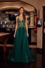 LONG TULLE FIT AND FLARE GOWN WITH PLUNGING V NECKLINE - Image 3