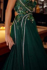 LONG TULLE FIT AND FLARE GOWN WITH PLUNGING V NECKLINE - Image 2