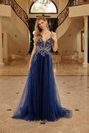 LONG TULLE FIT AND FLARE GOWN WITH PLUNGING V NECKLINE - Image 11
