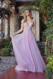 LONG TULLE FIT AND FLARE GOWN WITH PLUNGING V NECKLINE - Image 8