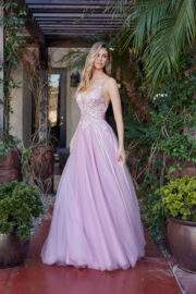 LONG TULLE FIT AND FLARE GOWN WITH PLUNGING V NECKLINE - Image 6