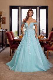 PLUNGING V NECKLINE BALL GOWN WITH A SHEER BONED WAISTLINE