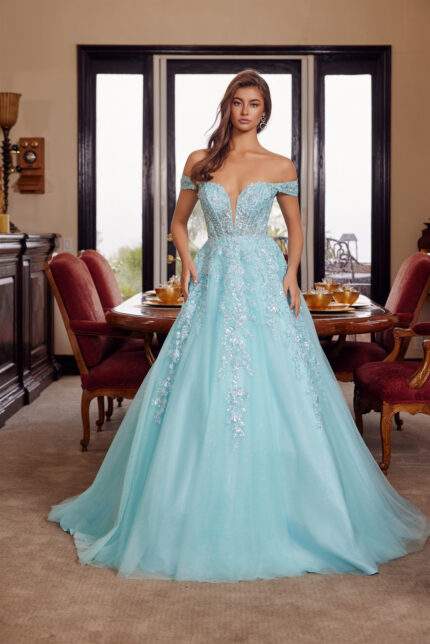 PLUNGING V NECKLINE BALL GOWN WITH A SHEER BONED WAISTLINE
