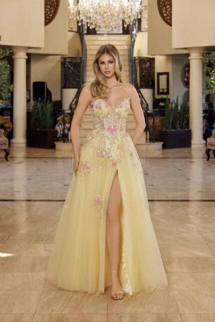 FIT AND FLARE LONG TULLE GOWN PLUNGING V NECKLINE