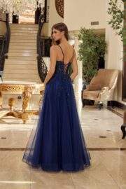 FIT AND FLARE LONG TULLE GOWN WITH A V NECKLINE THIN STRAPS - Image 3