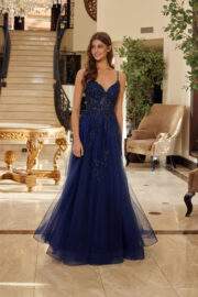 FIT AND FLARE LONG TULLE GOWN WITH A V NECKLINE THIN STRAPS - Image 5