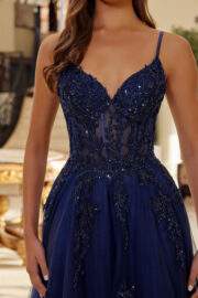 FIT AND FLARE LONG TULLE GOWN WITH A V NECKLINE THIN STRAPS - Image 4