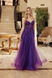 FIT AND FLARE LONG TULLE GOWN WITH A V NECKLINE THIN STRAPS - Image 2