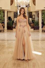 STRAPLESS TULLE BALL GOWN WITH FLORAL SEQUINED EMBROIDERY