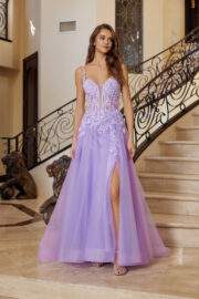 FIT AND FLARE LONG GOWN PLUNGING NECKLINE THIN STRAPS