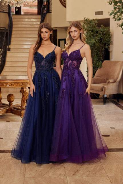 FIT AND FLARE LONG TULLE GOWN WITH A V NECKLINE THIN STRAPS