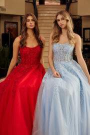 FIT AND FLARE LONG GOWN SCOOP NECKLINE THIN STRAPS