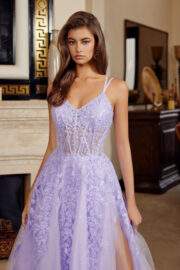 FIT AND FLARE LONG GOWN V NECKLINE DOUBLE SPAGHETTI STRAPS