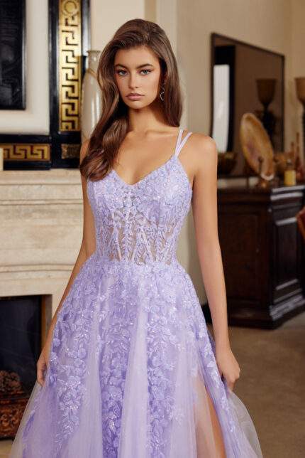 FIT AND FLARE LONG GOWN V NECKLINE DOUBLE SPAGHETTI STRAPS