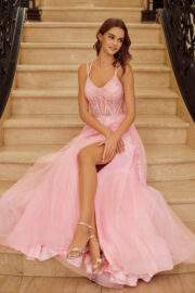 FIT AND FLARE LONG GOWN V NECKLINE DOUBLE SPAGHETTI STRAPS - Image 4