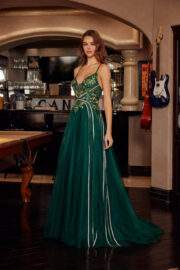 LONG TULLE FIT AND FLARE GOWN WITH PLUNGING V NECKLINE - Image 13