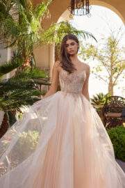 FIT AND FLARE LONG TULLE GOWN WITH PLUNGING V NECKLINE