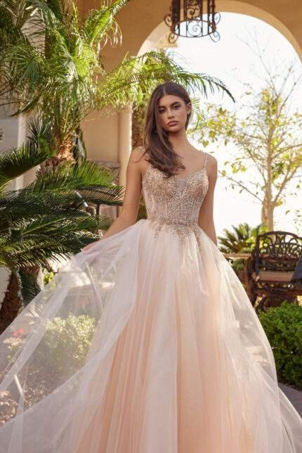 FIT AND FLARE LONG TULLE GOWN WITH PLUNGING V NECKLINE