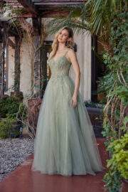 FIT AND FLARE LONG TULLE GOWN WITH PLUNGING V NECKLINE - Image 8