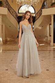 FIT AND FLARE LONG TULLE GOWN WITH PLUNGING V NECKLINE - Image 4