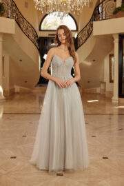FIT AND FLARE LONG TULLE GOWN WITH PLUNGING V NECKLINE - Image 3
