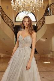 FIT AND FLARE LONG TULLE GOWN WITH PLUNGING V NECKLINE - Image 2