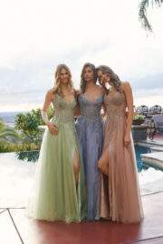 MESH A-LINE PEAKED NECKLINE SEQUIN EMBELLISHMENTS THIGH SLIT