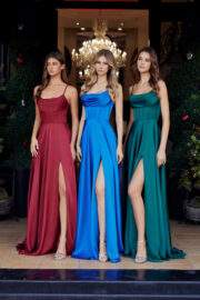 A-LINE SCOOP NECKLINE STRETCH SATIN BONED BODICE THIGH SLIT