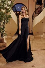 A-LINE SCOOP NECKLINE STRETCH SATIN BONED BODICE THIGH SLIT - Image 11