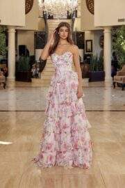 FLORAL PRINT LONG A LINE GOWN STRAPLESS SWEETHEART BUSTLINE - Image 3