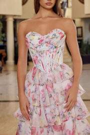 FLORAL PRINT LONG A LINE GOWN STRAPLESS SWEETHEART BUSTLINE - Image 2