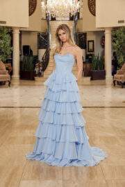 MULTILAYERED LONG BALL GOWN SEQUINED BUSTLINE